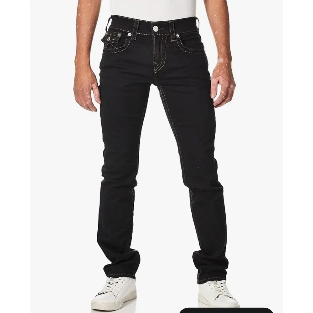 True Religion Ricky Relaxed Straight Black Contrast Stitch Jeans Mens 36